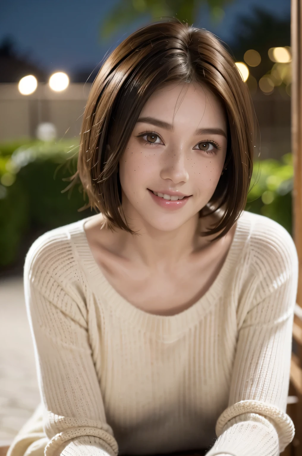 Sharpen, intaglio, ultra-realistic realism，close up, Best quality, ultra - detailed, Reality 1.4, Ultra-delicate skin, natural hair color, 1 girl,,(Hefty Smile), freckle ,(black hair color hair, Short hair details: 1.3), (Realistic skin), (Sweaters), detailed photograph, (sexy for), (Alone), Traditional garden at night