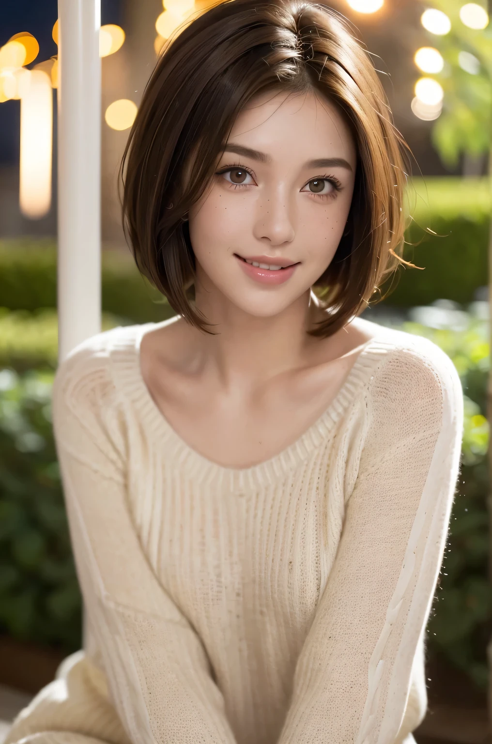 Sharpen, intaglio, ultra-realistic realism，close up, Best quality, ultra - detailed, Reality 1.4, Ultra-delicate skin, natural hair color, 1 girl,,(Hefty Smile), freckle ,(black hair color hair, Short hair details: 1.3), (Realistic skin), (Sweaters), detailed photograph, (sexy for), (Alone), Traditional garden at night