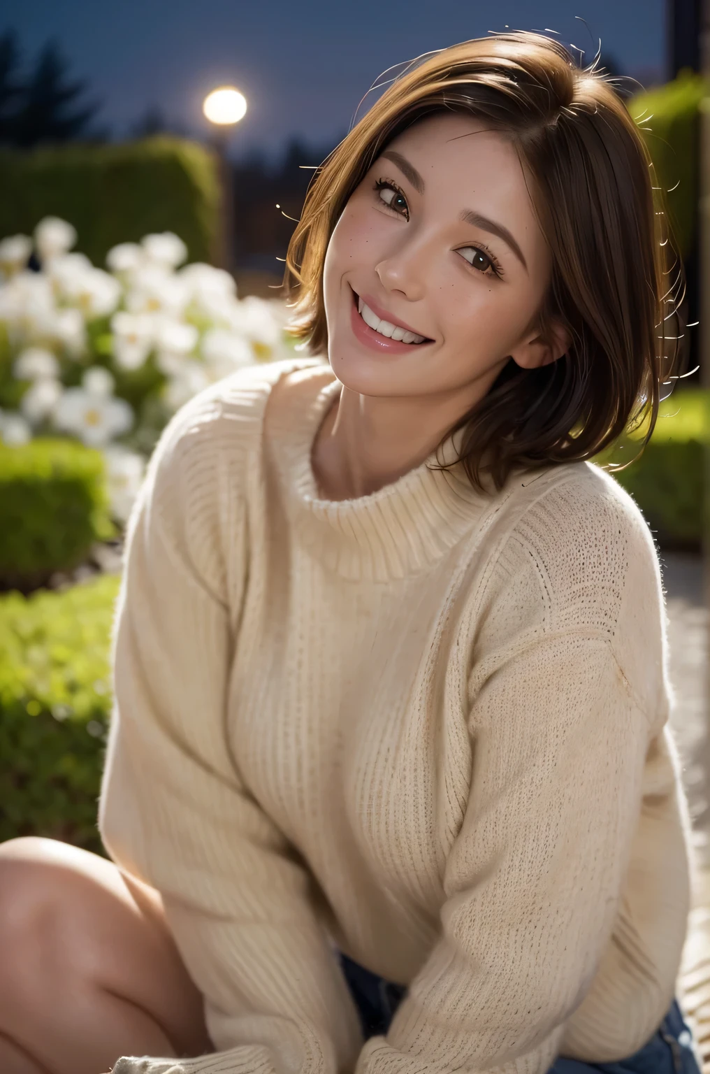 Sharpen, intaglio, ultra-realistic realism，close up, Best quality, ultra - detailed, Reality 1.4, Ultra-delicate skin, natural hair color, 1 girl,,(Hefty Smile), freckle ,(black hair color hair, Short hair details: 1.3), (Realistic skin), (Sweaters), detailed photograph, (sexy for), (Alone), Traditional garden at night