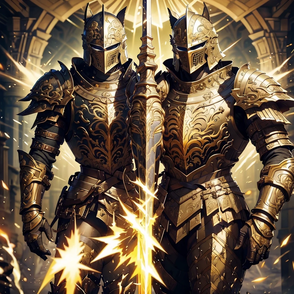 hightquality、male people、well-muscled、Nitronze Armor、swing a great sword on the battlefield、golden armour、独奏、Heavy equipment