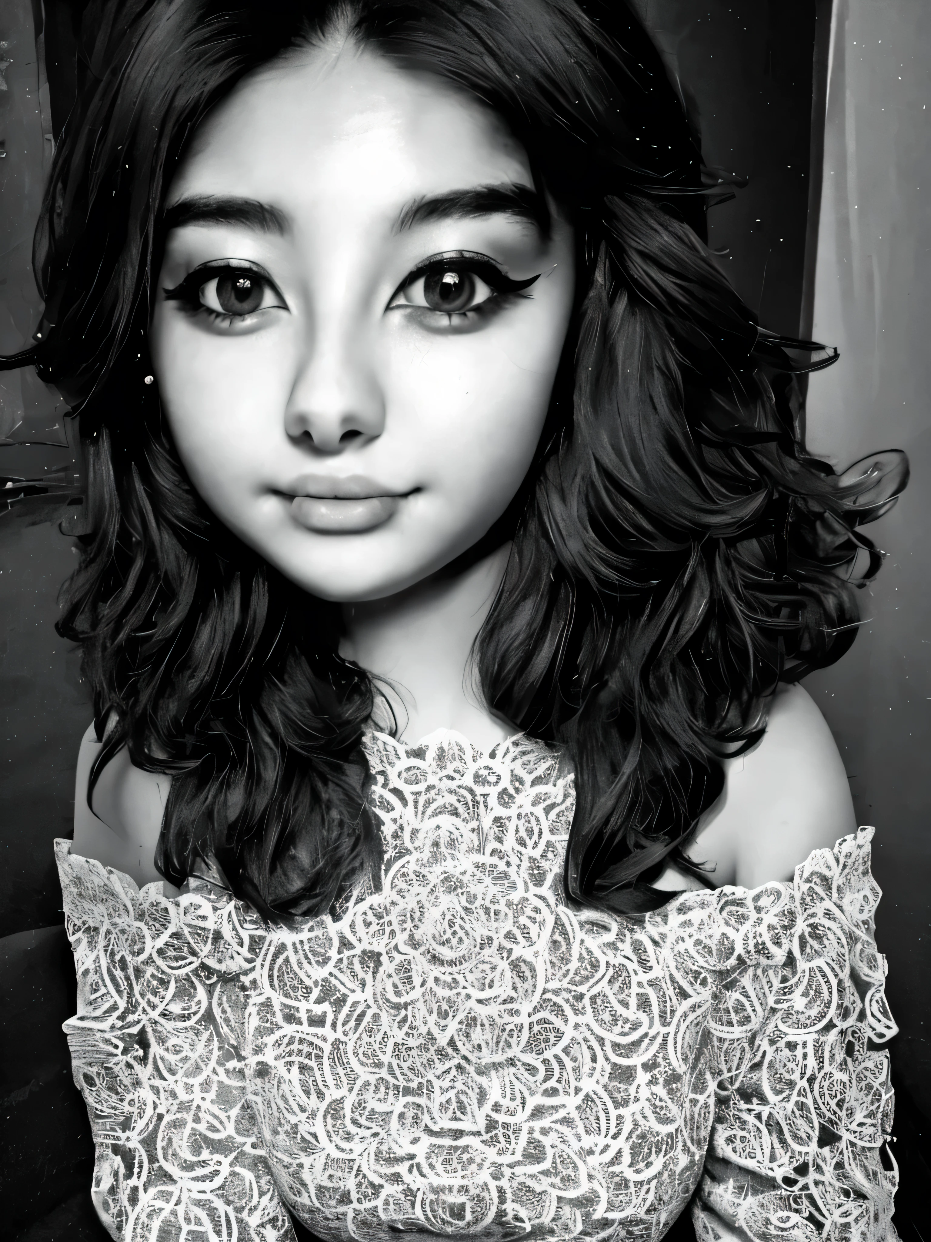 Shot from above、Monochrome tone、High Detail、Edge Detection、sharpness、High contrast、Highlight、A beautiful young girl、a small face、a small face、cleavage of the breast、Off-the-shoulder dresses、 dress、Rim Lights、Cinematic Light、ultra-wide-angle、