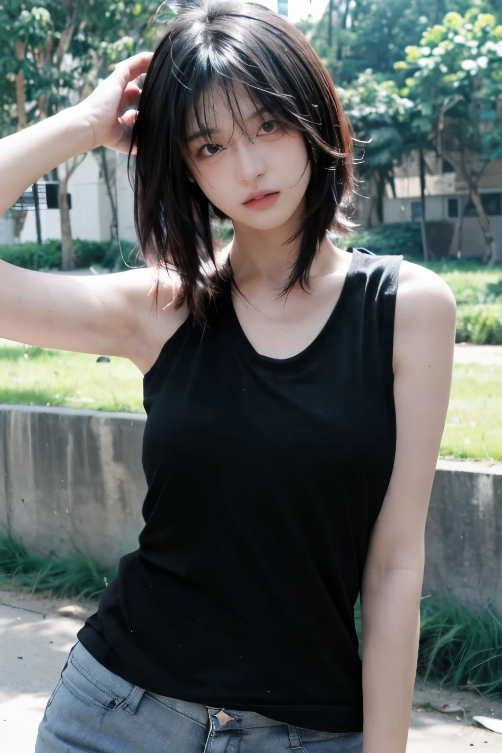 8K,Best quality, masterpiece, ultra high res, (photorealistic:1.4), raw photo, (Authentic skin texture:1.3), (film grain:1.3),1girl,beautiful detailed eyes and face,masterpiece, best quality,close-up,upper body, (Wearing black tight tanktop:1.3), wolf cut hair, in the park, hand in pocket, stand up straight
