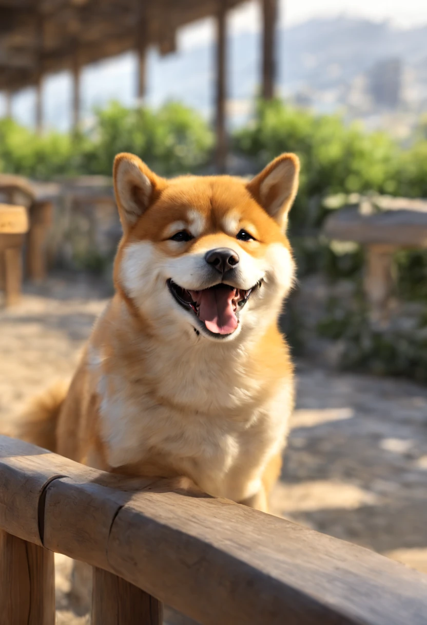 A cute smiling Shiba Inu greets viewers, Art by Pierre-Auguste Renoir and Jérémie Mann, (Viewpoint angle:1.2), Realistic, 光线追踪, Beautiful lighting,​masterpiece