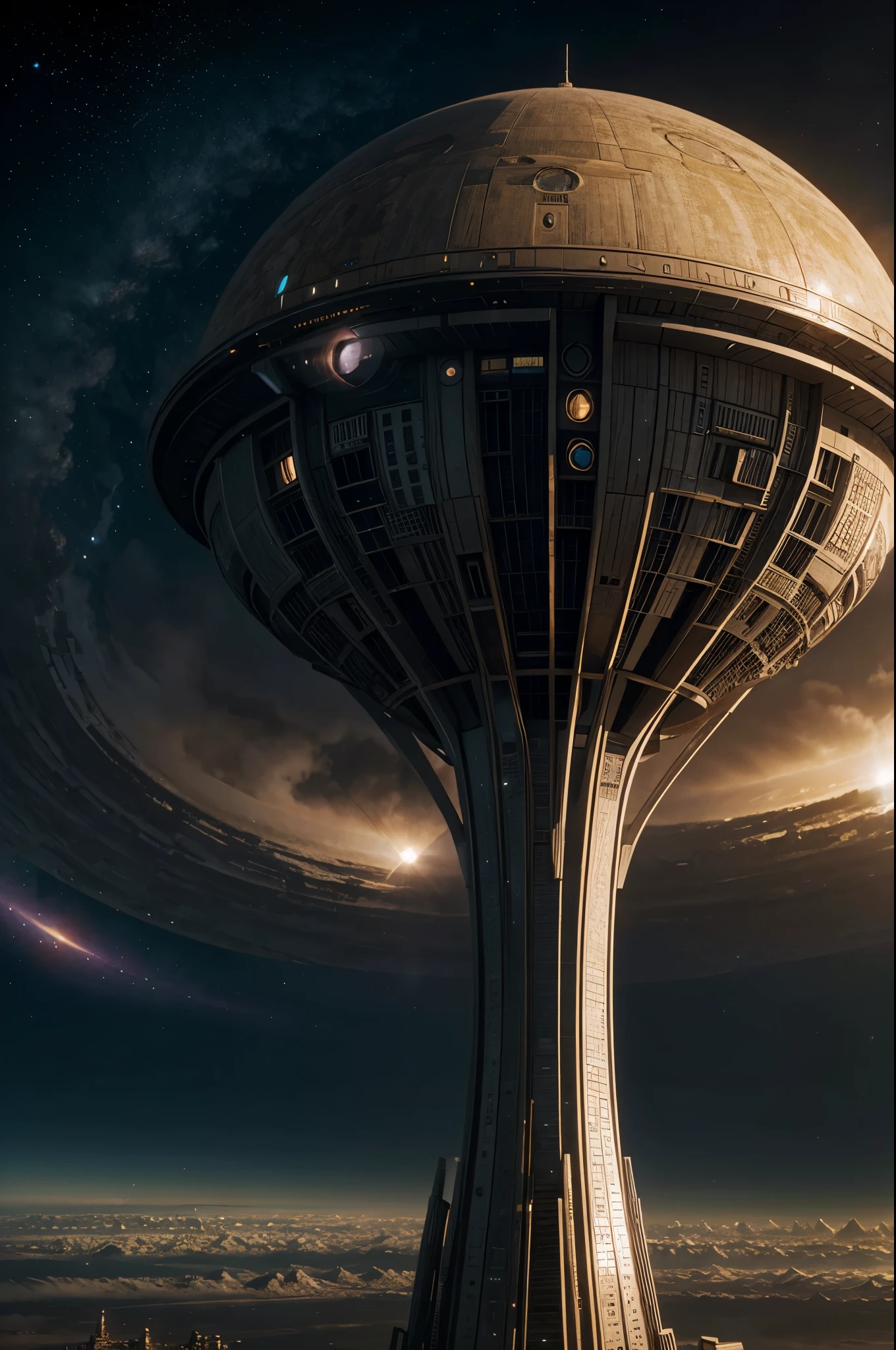 Illustrate an advanced Anunaki cityscape on a distant exoplanet, blending futuristic architecture with ancient aesthetics.