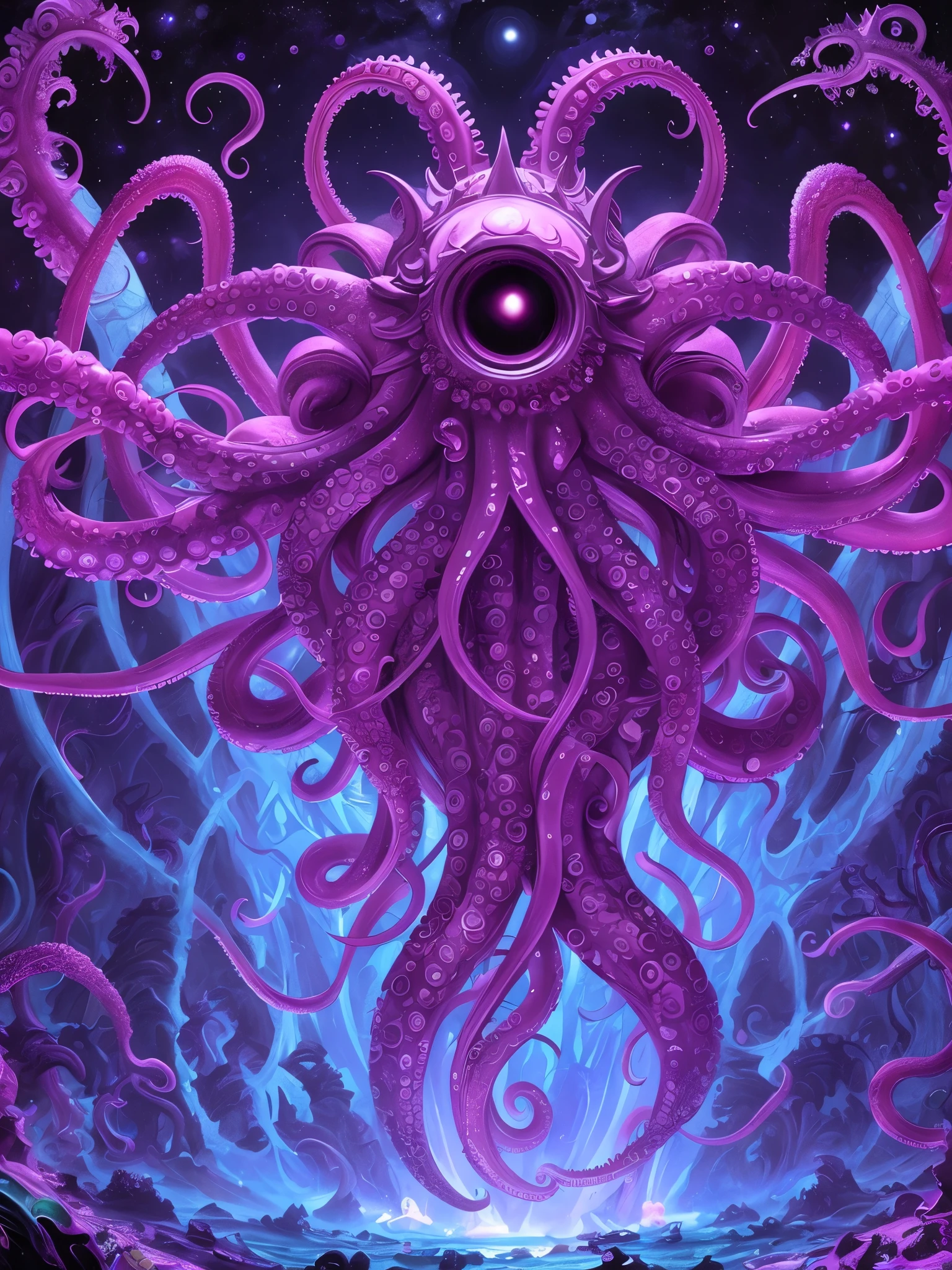 a purple octopus with a big eye and tentacles in the ocean, Tentacles in the universe, Lovecraftiano cosmic fear, mindflayer, tentacled creature mix, Lovecraftiano creature, Lovecraftiano sea creature, Lovecraftiano monster, Azathoth, Lovecraftiano, Lovecraftiano inspiration, Ilithid mind flayer