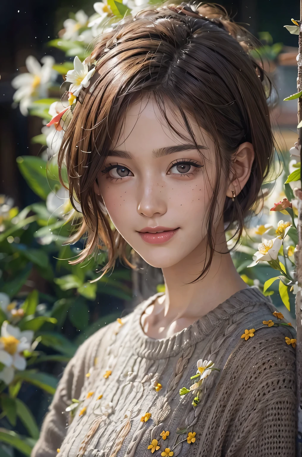 Sharpen, intaglio, ultra-realistic realism，close up, Best quality, ultra - detailed, Reality 1.4, Ultra-delicate skin, girl with flowers on her head,(Hefty Smile), freckle ,(black hair color hair, Short hair details: 1.3), (Realistic skin), (Sweaters), detailed photograph, (sexy for), (Alone), Traditional garden at night