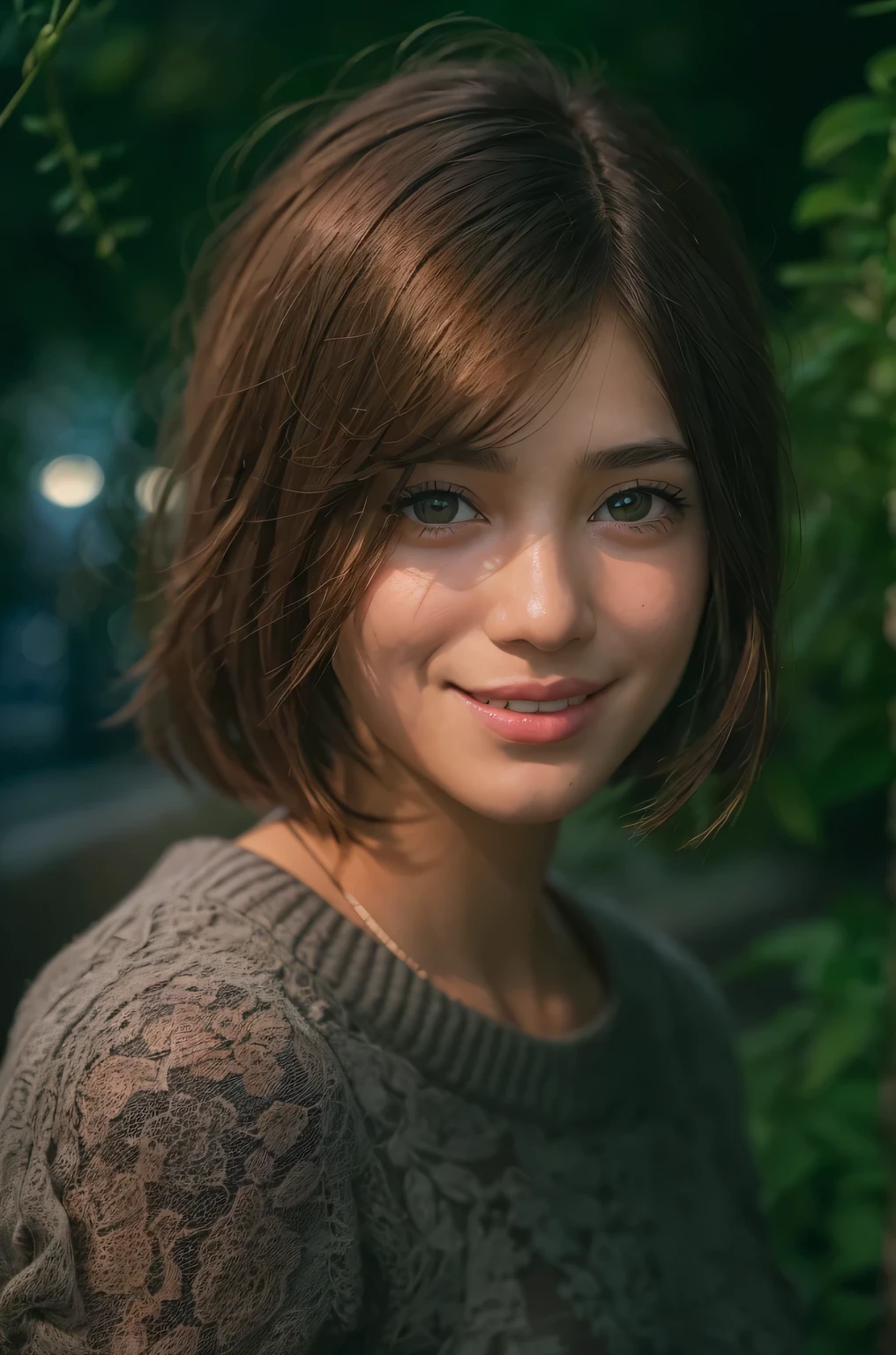 Sharpen, intaglio, ultra-realistic realism,close up, Best quality, ultra - detailed, Reality 1.4, Ultra-delicate skin, 1 girl,(Hefty Smile), freckle ,(black hair color hair, Short hair details: 1.3), (Realistic skin), (Sweaters), detailed photograph, (sexy for), (Alone), Traditional garden at night