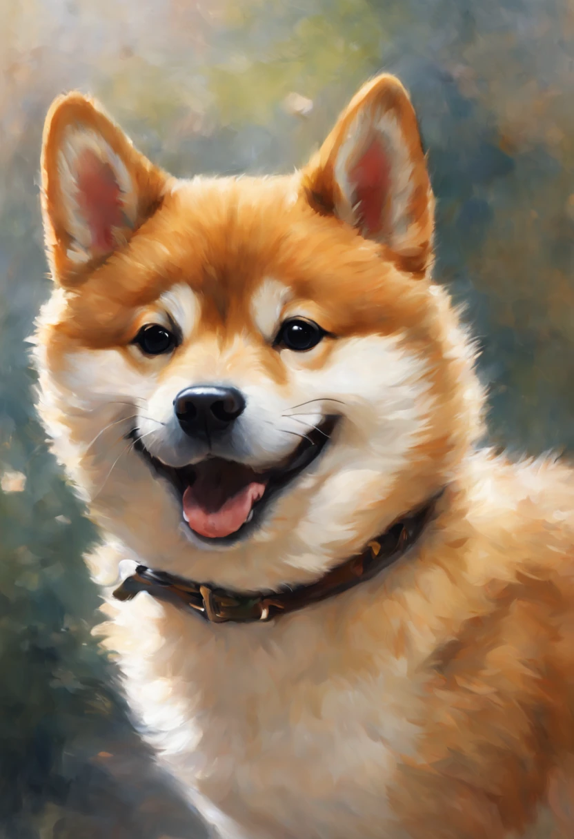 A cute smiling Shiba Inu greets viewers, Art by Pierre-Auguste Renoir and Jérémie Mann, (Viewpoint angle:1.2), Realistic, 光线追踪, Beautiful lighting,​masterpiece