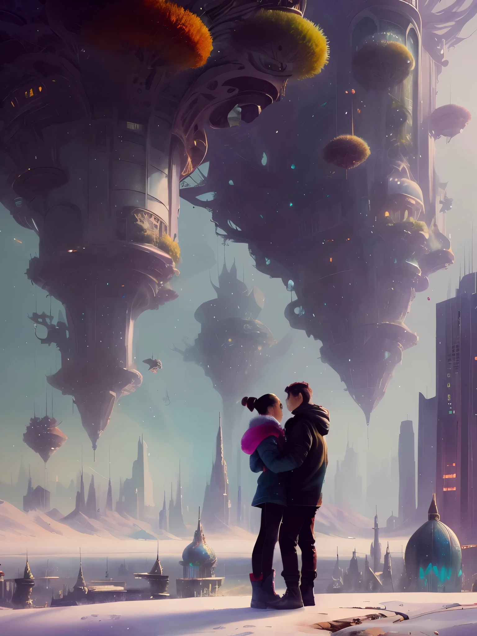 Rough watercolor painting,there are two people standing in front of a futuristic city, in fantasy sci - fi city, paul lehr and beeple, epic fantasy sci fi illustration, greg beeple, rob rey and kentarõ miura, sci-fi digital art illustration, arstation and beeple highly, alena aenami and android jones