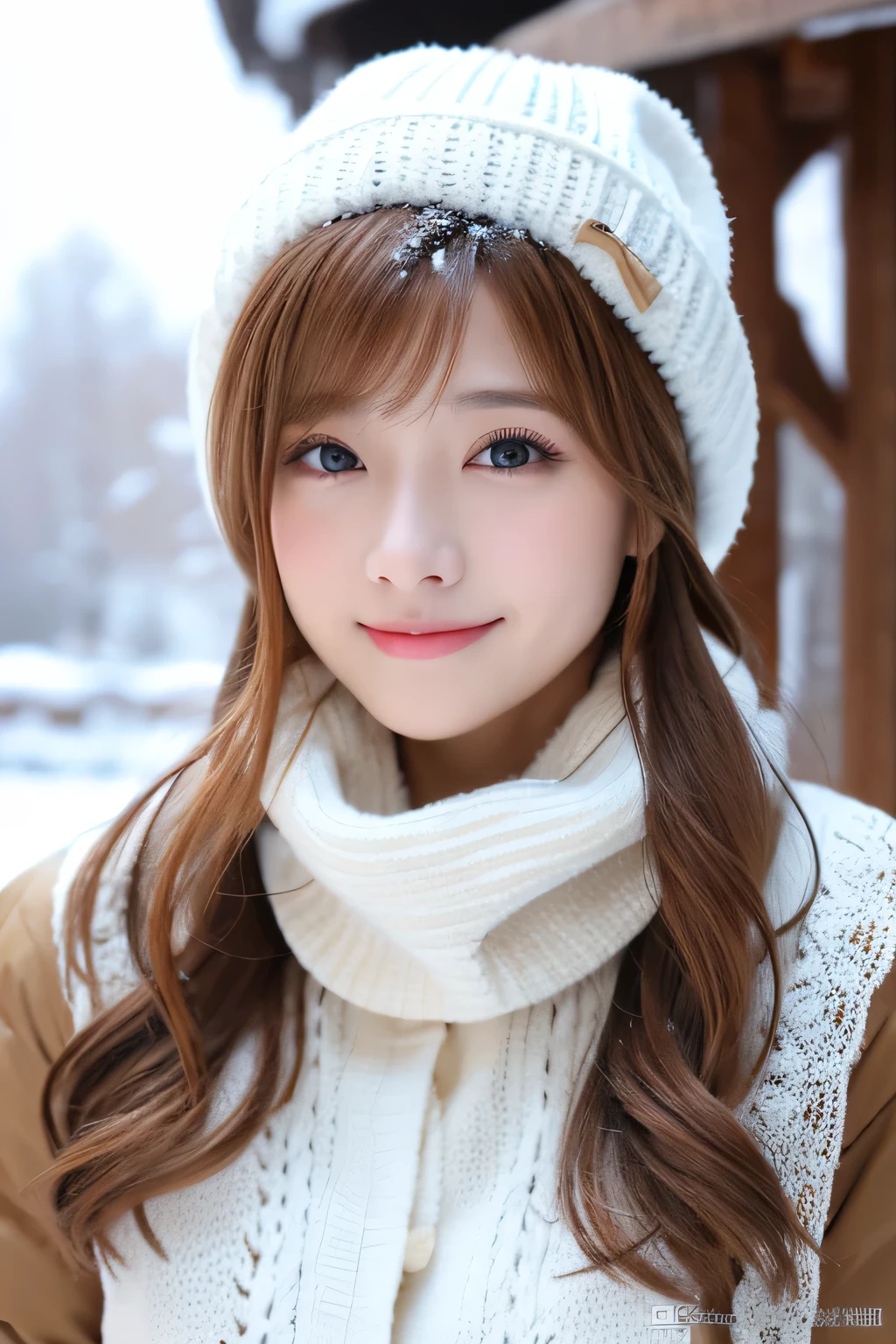 (top-quality、in 8K、masterpiece:1.5)、Beautiful Women in Perfect Figure、20yr old、light brown hair、bangss、full body Esbian、Down jacket、White knitted hat、snow falls in the city、grimacing、1383506692