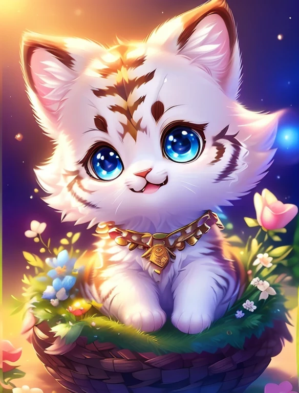 Cute little surreal white tiger with different colored eyes wearing a necklace, Chibi, adorable and fluffy, Logo Design, cartoon, cinematic lighting effect, Charming, 3D vector art, Cute and quirky, Fantasy Art, Bokeh, handdraw, Digital Painting, Soft lighting, isometric style, 4K resolution, photo realistic render, Highly detailed clean, Vector image, photo-realistic Masterpiece, Professional Photography,  Space background, Flat white background, isometric, 鮮やかなVector image