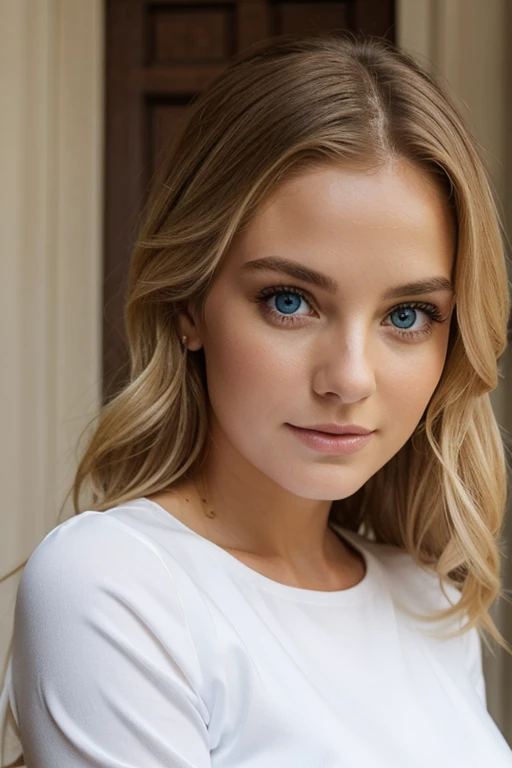 Un superbe portrait d’une jeune beauté allemande, aux yeux bleus perçants, petits seins avec un carré ondulé blonds flottants, un pantalon noir de sport et un t-shirt blanc , on voit son corp entier jusqu'au pied et qui et avec sa valise pour l'avion, la lumière naturelle met en valeur les traits du visage, les ombres douces sur les contours du visage, le contraste vibrant entre les tons chair chauds et les teintes froides de l'arrière-plan, la composition ultra légère, le nombre d'or, L'éclairage dramatique