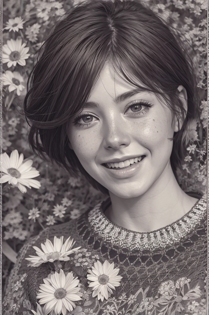 Sharpen, intaglio, Hyper-realism,close up, Best quality at best, ultra - detailed, Realistic1.4, Ultra-delicate skin, girl with flowers on her head,(Hefty Smile), freckle ,(brunette color hair, short detailed hair: 1.3), (Realistic skin), (Sweaters), detailed photograph, (sexy for), (Alone), traditional garden at night