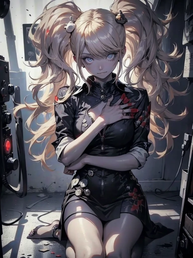 masterpiece, best quality, 1 girl, supine, lying face down on the floor, pale skin, messy hair, red eyes, glowing eyes, creepy, creepy smile, crazy expression, blood on face, blood on clothes, naked, creepy, scary, blood, horror, light particles, night, iron bracelets with chains