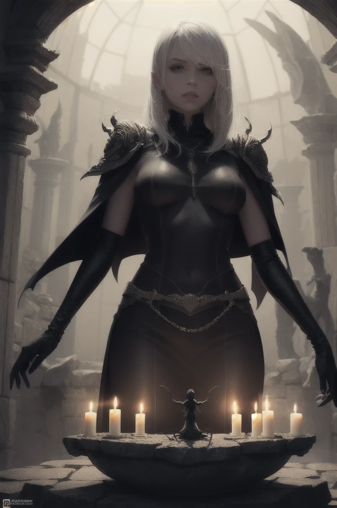 Character dnd, Drow, Female drow, dark elf woman, white hair, fantasy art, dark colors, background gloomy stone temple altar of sacrifice spiders, Mysterious lighting, Candles, digitalart art, dramatic light, gloomy, highly detailed, in the style of romanticism, cinematic, art station, Absurd, high quality, unforgettable, art station, dungeon, spiders, masterpiece, top quality, top quality art station.