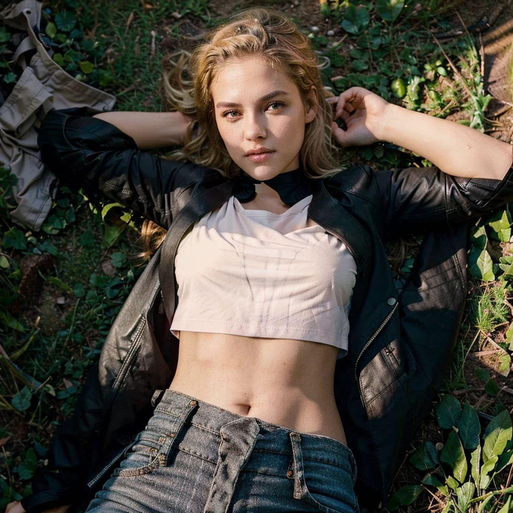 female supermodel lies on her stomach and chest on the grass field. Buttocks facing up. Light pink T-shirt, Black leather jacket, black jeans.