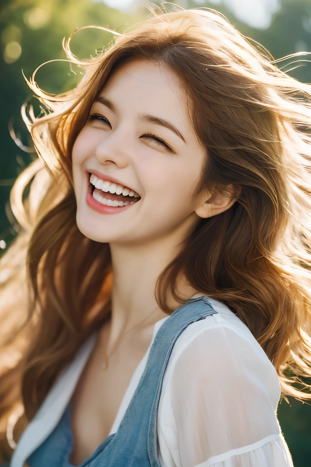 (best quality, masterpiece, highres), detailed, 1girl, (laughing:1.1), golden hair blowing in gentle breeze,