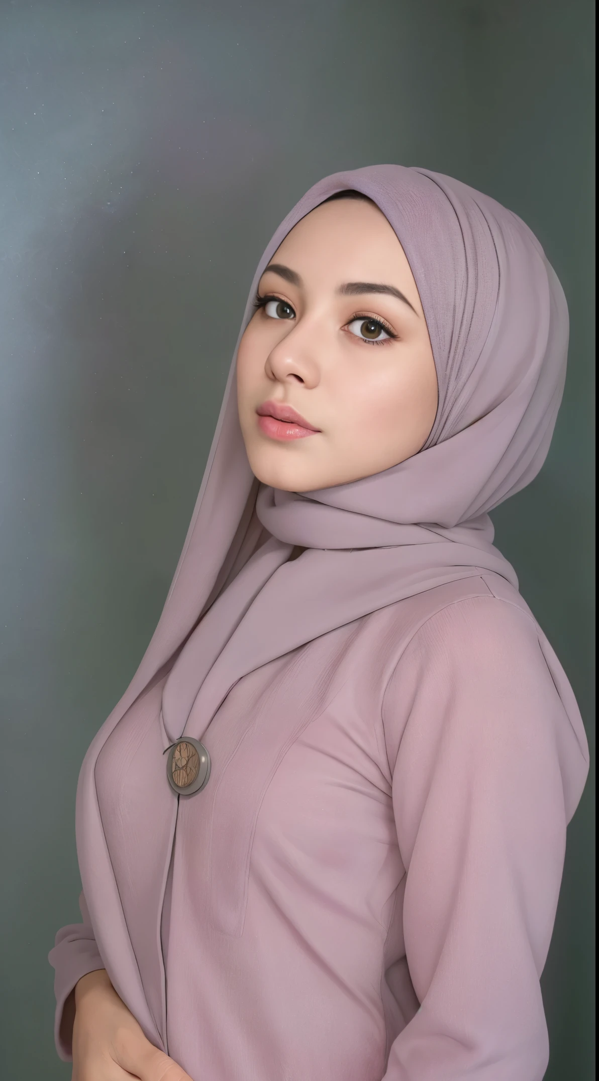 (very cute girl) , like mira filzah face, (raw photo:1.2), (()), (photorealistic:1.4), russia mix korea hyper white skin, realistic skin texture, pale skin, very detailed eyes and face, beautiful detailed eyes, turkish nose, super detailed, high resolution, very detailed, masterpiece,unified, 48k wallpaper, amazing, Fine details, masterpiece, best quality, ((Tight F cup breasts size)), straight long hair, (extra long hair : 1.5), dark brown hair, elegant hair style, light on face, cinematic lighting, 1girl, perfect body, slim abs, skinny, ((1 malay girl , beautiful face)), hyper realistic bright lighting, realistic shadow, ((wearing a twisted pajamas, purple color pajamas)), ((perfectly composition)), dynamic poses, dynamic shot angle, (All grey background)