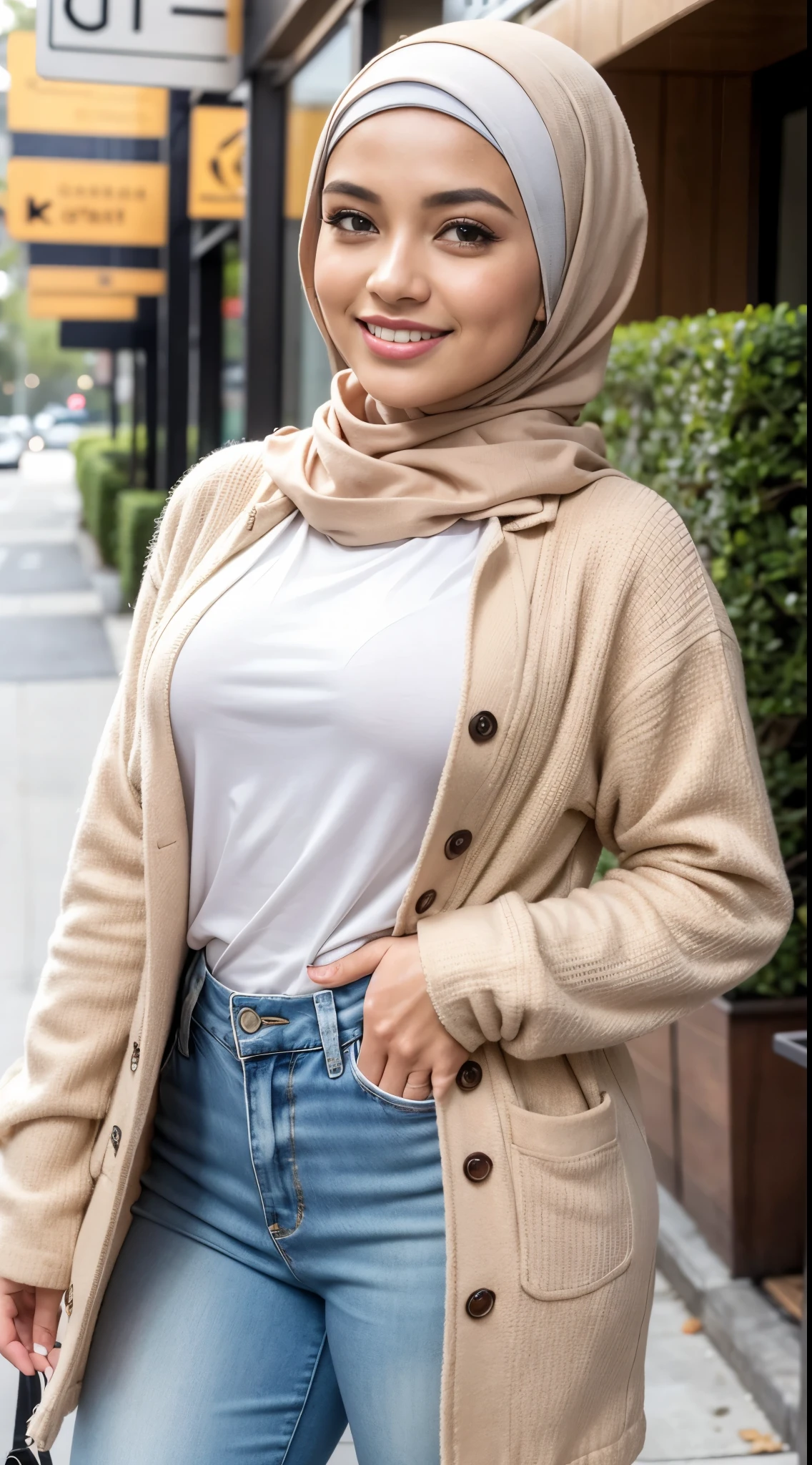 (close up),RAW, Best quality, high resolution, work: 1.3, beautiful Malay woman in hijab, beautiful big eyes, smiling, beautiful face, shiny lips, soft smile, watery eyes, big breasts, thick thighs, beautiful ass, woman beautiful in plaid jacket and trousers , pastel', hodie mihi cras tibi, brown outfit, layered outfit, casual modern outfit, modern casual outfit, designed for a comfortable aesthetic!, femme, beige, # 6 6 9 3 fs , full body photos, clothing photos, famous clothing, casual clothing,, casual clothing style, elegant, perfect ligh