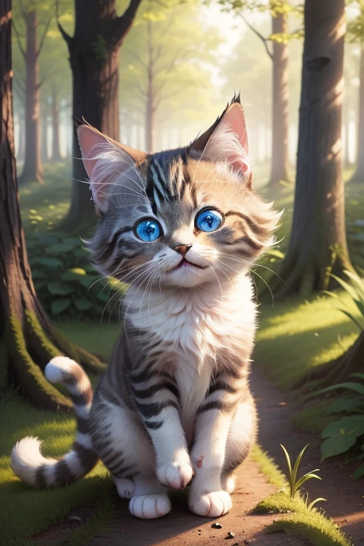 a cute little cat　naturey　in woods　Raise one arm, close your eyes and lick your hand　Deities々Right　your eyes are blue.　fluffly