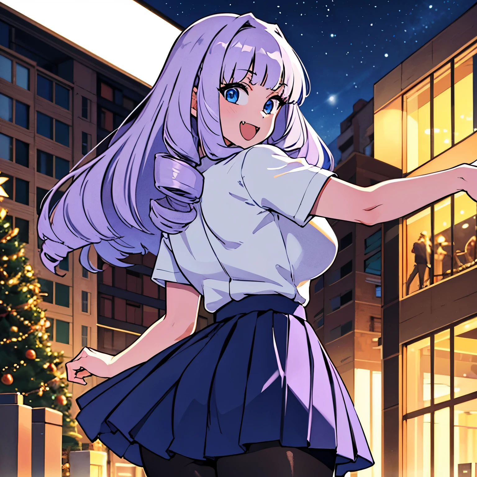 1girl, solo, Fujido Oriko, giantess, black pantyhose, blue eyes blue skirt, blunt bangs, breasts, cowboy shot, drill hair, fang, large breasts, long hair, looking at viewer, looking back, open mouth, pantyhose, pleated skirt, purple hair, shirt, short sleeves, skirt, kung fu pose, white hair, white shirt, standing, giant among buildings, taller than a skyscraper,  (best quality, masterpiece:1.15),1girl, decorating christmas tree,