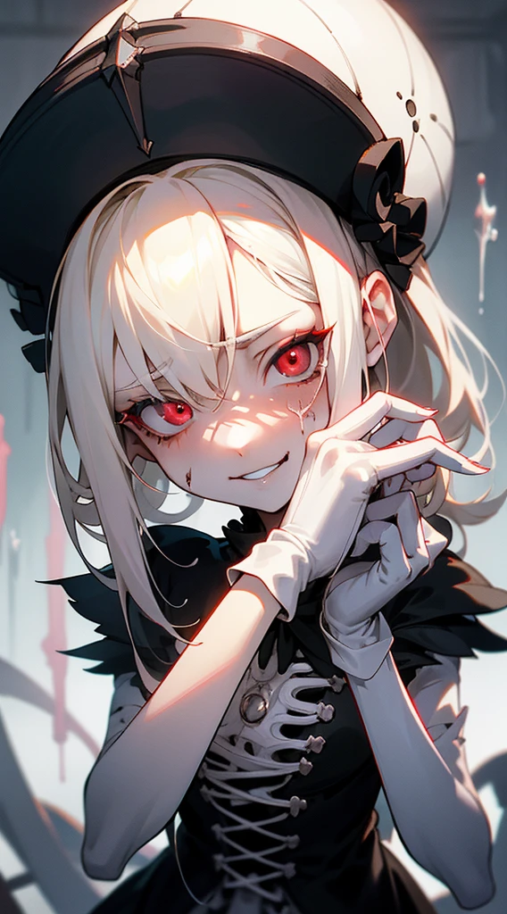 Beautiful girl with white hair and red pupils，There is a wound on the face，Bleeding，evilsmile，skelleton，white bones，Gloomy environment，high light，fluorescence1girl, male masturbation, pov hands, penis, blonde hair, wariza, projectile cum, 
cum, surprised, leaning,, masterpiece, best quality, highly detailed