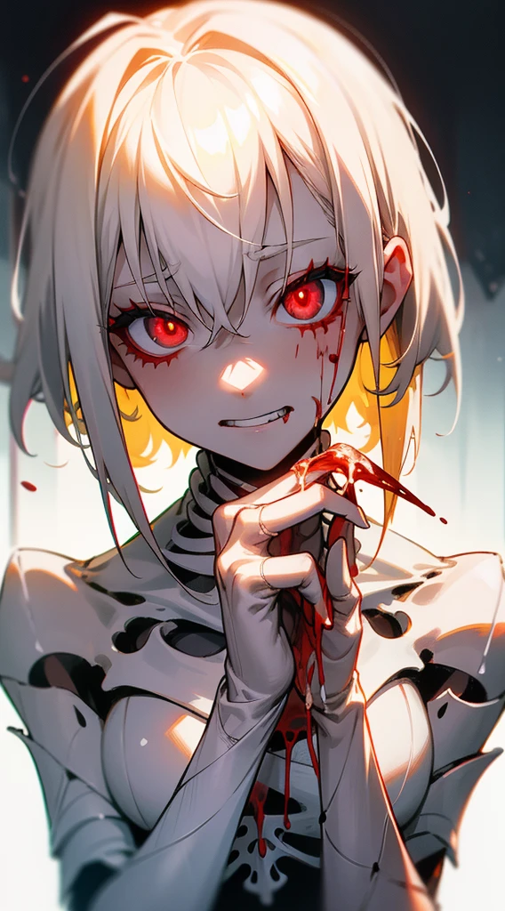 Beautiful girl with white hair and red pupils,There is a wound on the face,Bleeding,evilsmile,skelleton,white bones,Gloomy environment,high light,fluorescence1girl, male masturbation, pov hands, penis, blonde hair, wariza, projectile cum,
cum, surprised, leaning,, masterpiece, best quality, highly detailed
