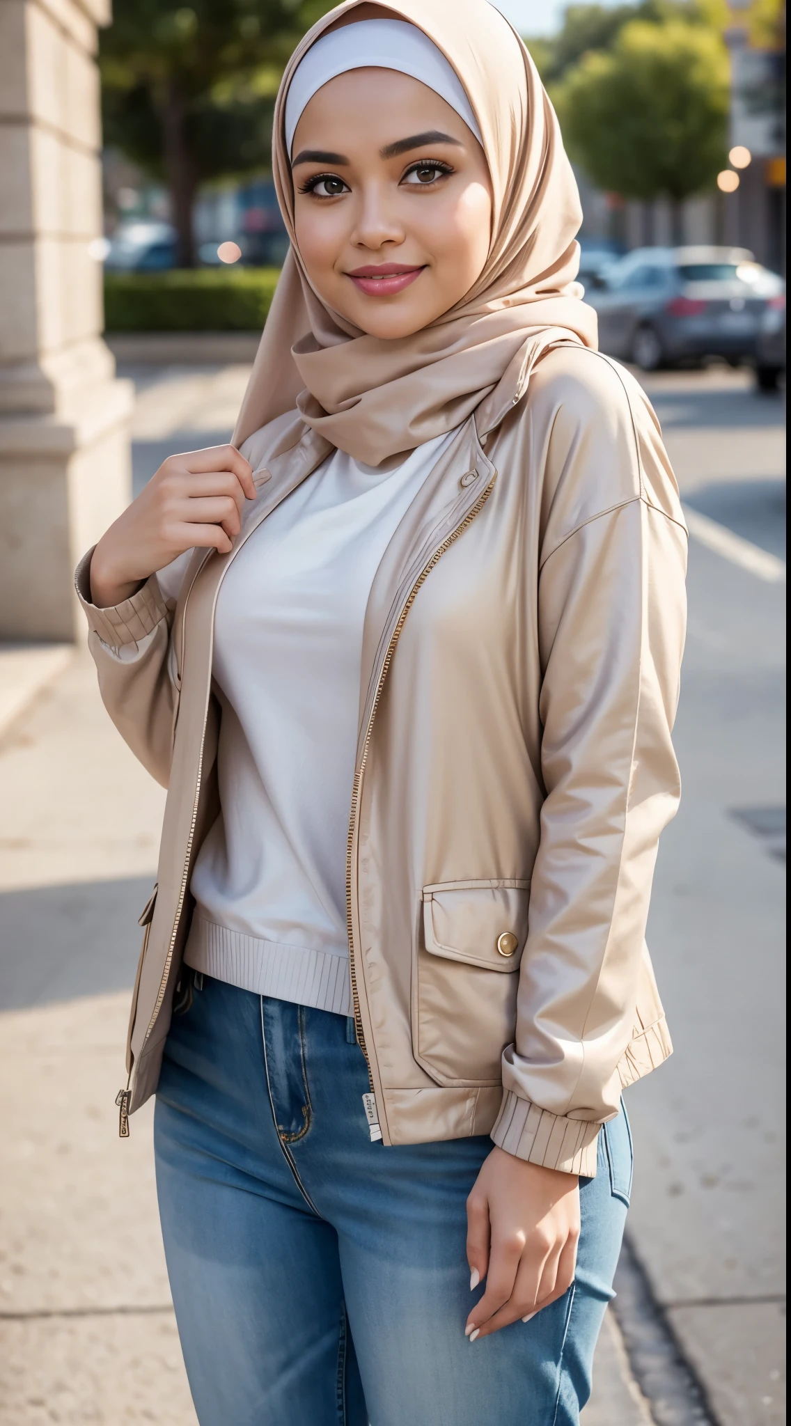 (close up),RAW, Best quality, high resolution, work: 1.3, beautiful Malay woman in hijab, beautiful big eyes, smiling, beautiful face, shiny lips, soft smile, watery eyes, big breasts, thick thighs, beautiful ass, woman beautiful in plaid jacket and trousers , pastel', hodie mihi cras tibi, brown outfit, layered outfit, casual modern outfit, modern casual outfit, designed for a comfortable aesthetic!, femme, beige, # 6 6 9 3 fs , full body photos, clothing photos, famous clothing, casual clothing,, casual clothing style, elegant, perfect ligh