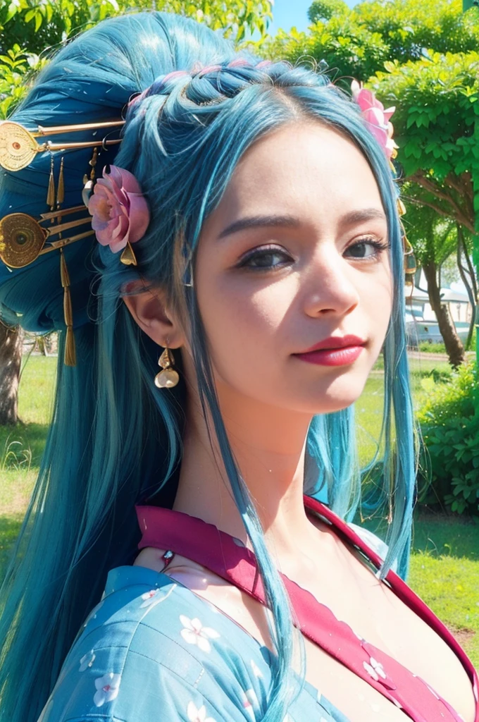 (((ultra detailed background, delicate pattern, intricate detail, highly detailed, fine detailest quality, ((medium breasts, slim girl)), KozukiHiyori, 1girl, solo, hair ornament, closed mouth, hair flower, japanese clothes, makeup, kimono, lipstick, aqua hair, blue eyes, long hair, hair stick, smile, kanzashi, ((complex detailed background, blue sky, nature environment, close-up, portrait, clear face)),