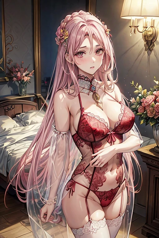 (masterpiece:1.2、top-quality)、(Real image、intricate detailes)、(((No neck ornament)))、独奏、1lady、(full-face blush)、happy、(cowboy shot:1.5)、Highly detailed hands、Glossy skin、Forehead、Center division、pink hair straight、pink eyes、Absurd, 8K, High resolution, Ultra-detailed, Beautiful, masutepiece, Best Quality, Very pretty woman, 年轻, Very pretty woman, Sexy, (Transparent red lingerie with floral pattern:1.5), Sexy, Detailed female face, Very attractive, (Very large breasts:1.3)、((luxury bedroom in palace))、Highly detailed、Open legs、opens legs、Spread your legs、Are sleeping、Best style、Perfect style、Beautie、Beautuful Women、The most beautiful in the world、full bodyesbian, big nipples、pink nipples、Pink areola、masutepiece、clitoris、(Standing: 1.4)、Harnes、garterbelts