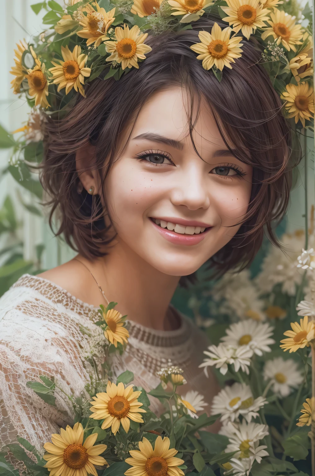 Sharpen, intaglio, ultra-realistic realism,close up, Best quality, ultra - detailed, Reality 1.4, Ultra-delicate skin, girl with flowers on her head,(Hefty Smile), freckle ,(black hair color hair, Short hair details: 1.3), (Realistic skin), (Sweaters), detailed photograph, (sexy for), (Alone), Traditional garden at night