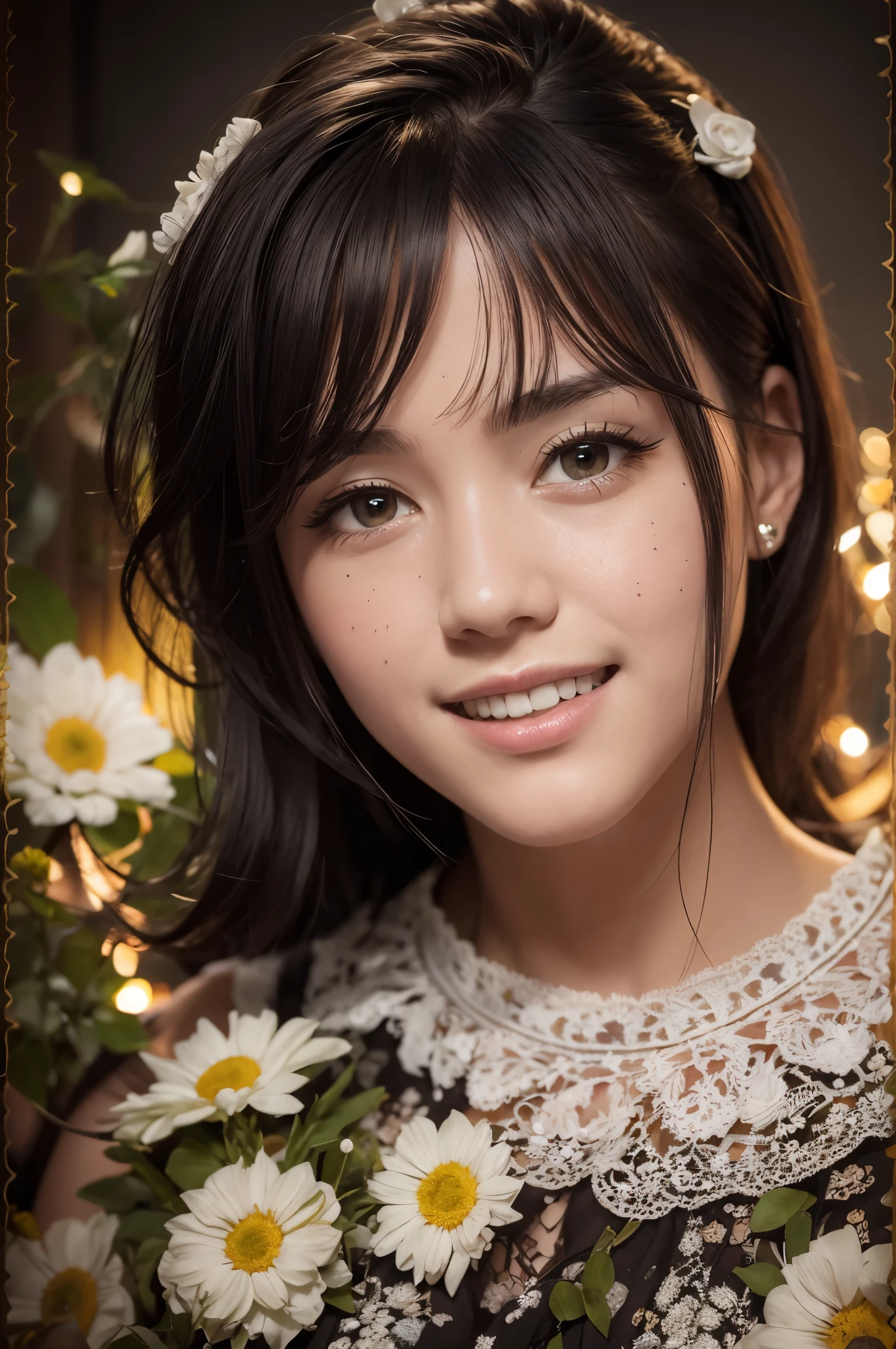 Sharpen, intaglio, hyper realisitc,close up, Best quality, ultra - detailed, Reality 1.4, Ultra-delicate skin, girl with flowers on her head,(Hefty Smile), freckle ,(black hair color hair, Short hair details: 1.3), (Realistic skin), (Sweaters), detailed photograph, (Irridescent color),(sexy for), (Alone), Traditional garden at night