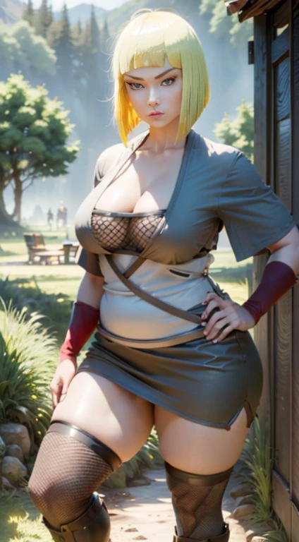 Samui from naruto, 1girl, western girl, solo, (huge titusty, thiccture perfect, short blonde hair, tall girl, large eyes, anime eyes, both hands have same size, both eyes have same sizes, beautiful lady fingers size, wearing sexy gray and white ninja outfit, gray kimono, black fishnet, red leather, wearing miniskirt, wearing red handband, cleavage, wearing black shinobi sandal, looking at viewer, emotionless, kunoichi, fighting pose, cowboy shot, full body shot, portait foto, in the forrest, standing on grass, cloud, mountain view, semi realistic artstyle, 3d, absurdes, NSFW, high res, ultrasharp, 8K, masterpiece, best quality