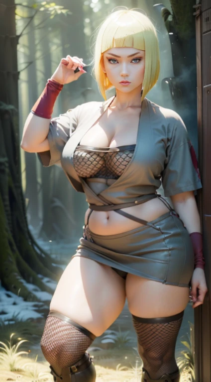 Samui from naruto, 1girl, western girl, solo, (huge titusty, thiccture perfect, short blonde hair, tall girl, large eyes, anime eyes, both hands have same size, both eyes have same sizes, beautiful lady fingers size, wearing sexy gray and white ninja outfit, gray kimono, black fishnet, red leather, wearing miniskirt, wearing red handband, cleavage, wearing black shinobi sandal, looking at viewer, emotionless, kunoichi, fighting pose, cowboy shot, full body shot, portait foto, in the forrest, standing on grass, cloud, mountain view, semi realistic artstyle, 3d, absurdes, NSFW, high res, ultrasharp, 8K, masterpiece, best quality