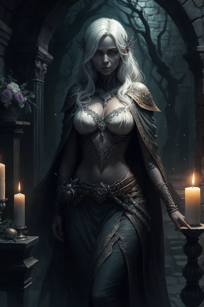 Character dnd, drow, A drow woman with gray skin and iridescent eyes., dark elf woman, white colored hair, Fantasy art, Dark colors, background Gloomy stone temple altar of sacrifice Spiders, Mysterious lighting, candle lights, digital arts, Dramatic light, Gloomy, Highly detailed, in the style of romanticism, Cinematic, Art Station, Absurd, hiquality, unforgettable, Art Station, dungeon, Spiders, Masterpiece, Top Quality, Top Quality Art Station.