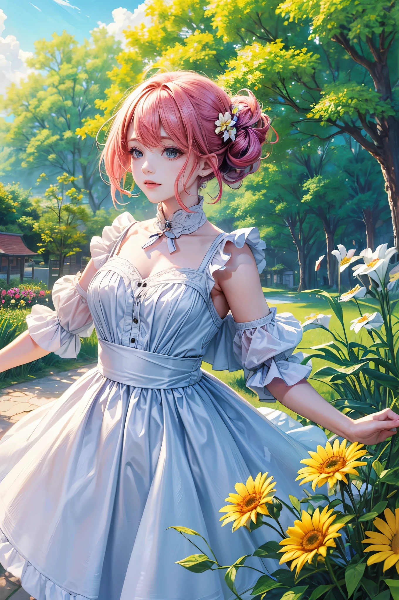 A girl in a garden, (best quality, 4k, 8k, highres, masterpiece:1.2), spring outfits, colorful hair, outdoor, clouds, upper body, flowers, sunlight, soft breeze, vibrant colors, joyful expression, natural lighting