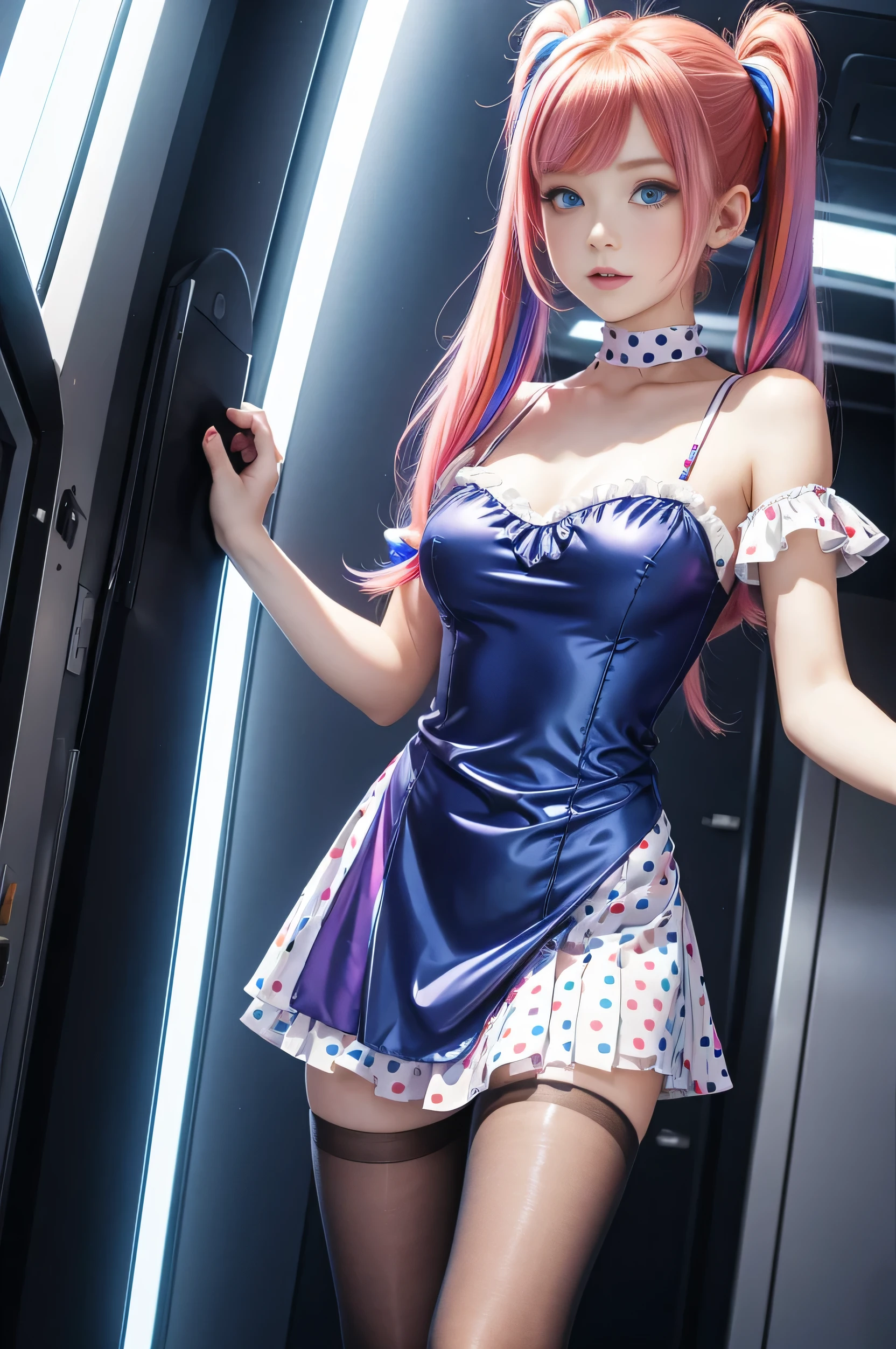 Cute redhead with rainbow colored hair tips, ribbons in her hair, 18-year-old woman, happy, in twin tails, perfect eyes, clear sparkling blue eyes, pale skin, silky smooth skin, standing on a fancy metal luxurious space ship, futuristic corridor, dark warm lighting, wearing a futuristic party dress, pleated (chemise) mini dress (pastel rainbow colors, and polka dots), wearing full body pantyhose, cute short cut booties.