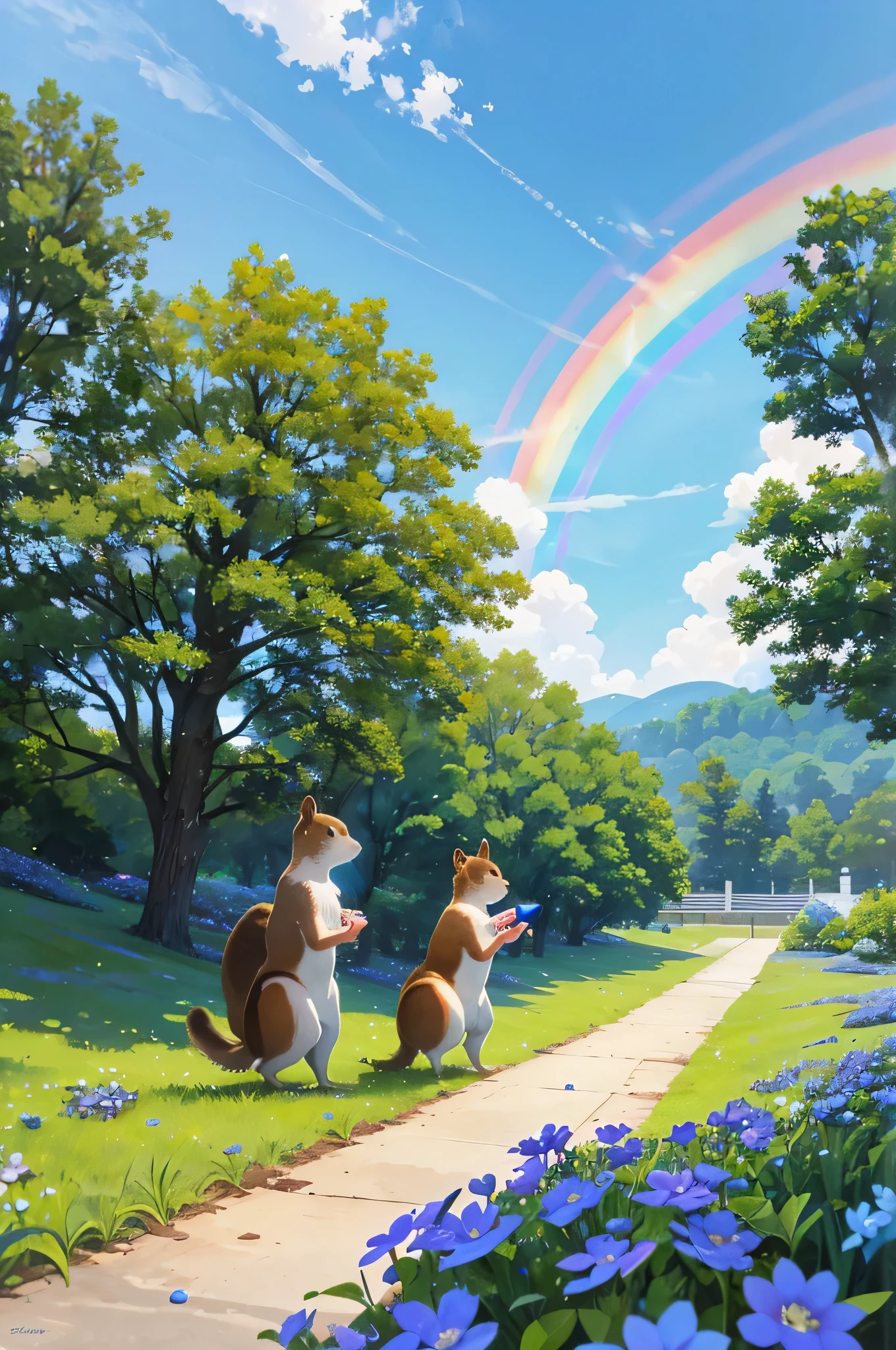 on a hill、Squirrels gather to hold a concert.。There'Squirrel playing the ocarina。There'Rainbow over the blue sky、Small blue flowers are blooming everywhere.。everyone looks like them'I enjoy。There are also dancing squirrels。