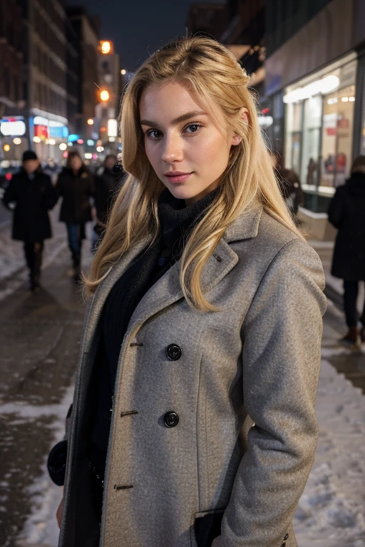 beautiful blonde, in the ny street winter, wearing formal coat, dully dressed warm for winter, fixed formal hair, fit body, looking at the camera, high spec image, detailed picture, sexy model, age 28 female model