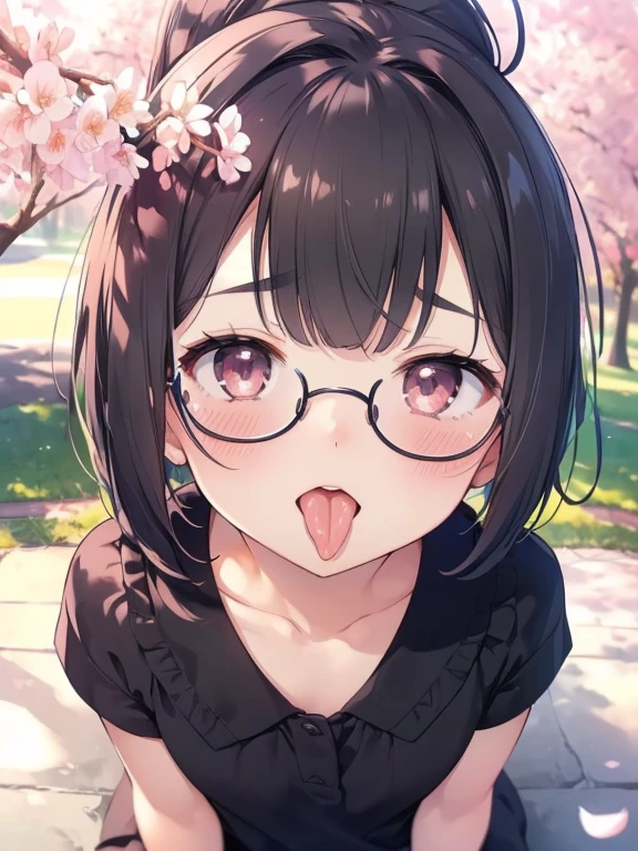 ultra-detailliert, Best Quality, hight resolution, moe-anime, ((A petite, black-haired girl with a big face and cute droopy eyes wears round glasses and looks up.)), Pretty eyes, Detailed eye depiction, Eye sparkle, Looking at Viewer, pale skin, (((Petite))), (flat chest:1.4), (blush:1.2), (big eye:1.4), a smile, In the park where cherry blossoms dance, Focus on the face, long ponytail hair, sitting on, ((super close up of tongue)), (((from above))), open_mouth, (((face only:1.2))), ((naked)), nsfw, saliva