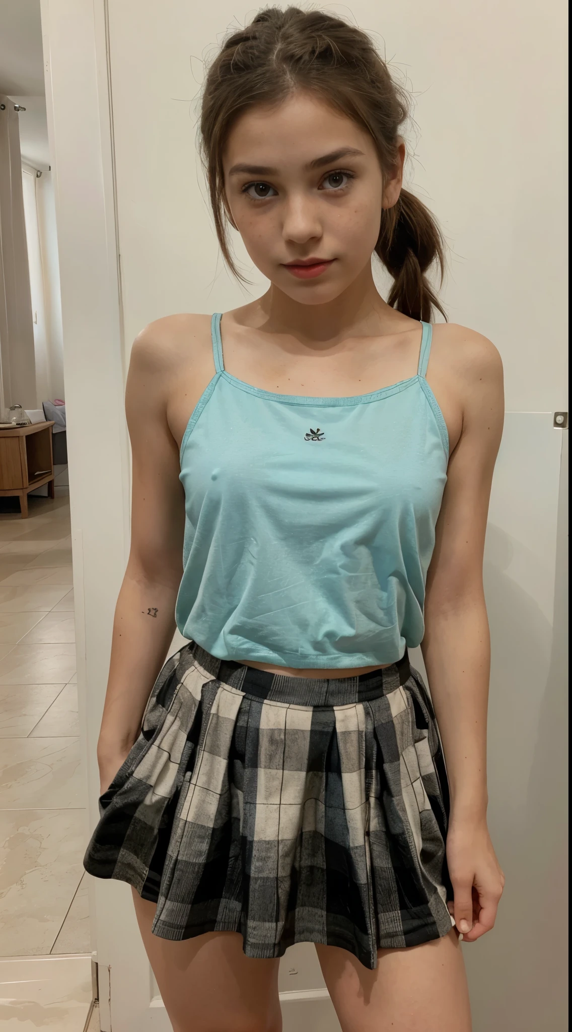 full body view of a beautiful  girl, beautiful , adorable, brunette ponytail hair, red lips, freckles, skin blemishes, spots, real, wearing a beautiful skirt dress, party