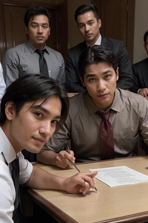 ((best quality)), ((masterpiece)), (detailed), perfect face in a very ornate and plush office, four Asian men sitting around a table, looking directly at the camera. All four men are in their 50s, well-dressed with shirts and ties.   All are smiling because they have just concluded their negotiation.