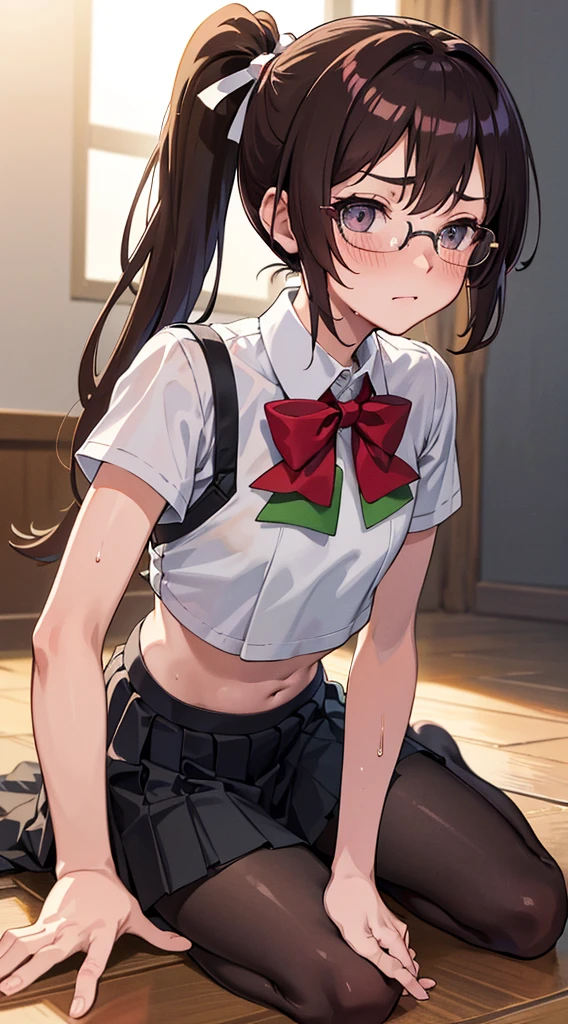 Realistic, Photorealistic, Colorful, Great lighting, Ultra-detailed, Dynamic Angle, masutepiece, Solo, Perfect face, (Bright lighting:1.2),Beautiful detailed eyes, extra detailed face, Perfect Lighting,masutepiece, Best Quality, {hair (Dark brown), (Long hair), (2 ponytails)},
from below looking up, on the floor on all fours, crass room, Sunset,
Dark brownの女子高生制服, Pleated skirt, Stockings, Glasses, bow ribbon, full of sweat, Wet body, Navel out, thighs stick out, Buttocks, ((small tits)), slim, slender, translucent, Embarrassed expression, blush