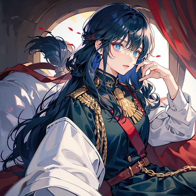 A girl with long black hair wearing a red military uniform,Blue inner color for hair,Has bangs,Eyes are blue,Glowing blue eyes,red military uniform with green cape,Beauty,A slight smil,