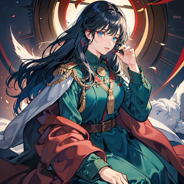 A girl with long black hair wearing a red military uniform,Blue inner color for hair,Has bangs,Eyes are blue,Glowing blue eyes,red military uniform with green cape,Beauty,A slight smil,