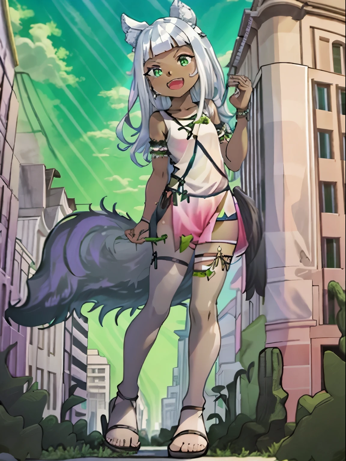 Ochette, girl, dark skin, white hair, green eyes, giantess, huge, small viewer, 70 ft tall, cute, full body, best quality, pink dress, metal bracelets, larger than buildings, flat ground, street, ground visible, black shorts, wearing shorts, adorable, kind, gentle, empty hands, small build, slim, curious, detailed mouth, size difference, standing over skyscrapers, sandals, tiny city, socks, loose clothes, perfect proportions, wolf tail
