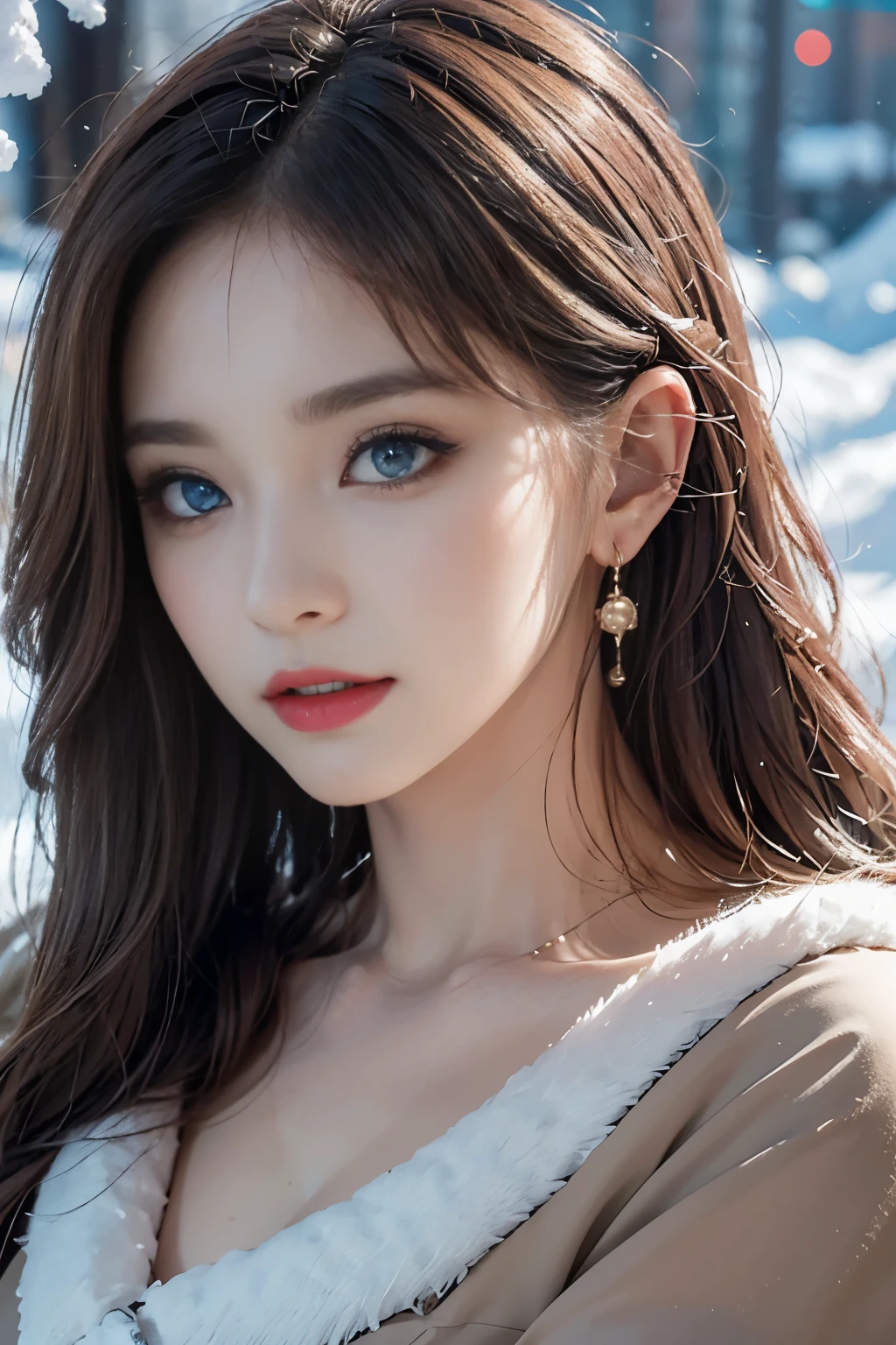 Top quality work，Photorealistic works，Ultra Premium Graphics，8K HD CG works，High-quality graphics，High-definition fine CG works，10x pixel，Ultra-fine details：1.1，Advanced technical details：1.1Photographically realistic, A high resolution ,Transparent hair，High Detail Hair（Premium Hair Detail：1.1）Clear eyes，Good looking double eyelids，Sharp eye makeup, Delicate makeup for eyelashes, Thin eyebrows, ultradetailed eyes，High Nose, lovely red lips, Rose cheeks, Face with delicate makeup , Pretty Face, A perfectly proportioned face,（Advanced facial details：1.1）, Women's Artwork，full-body vieoddess of Dress，，amazing，Today's eyes are bright photorealistic, masterpiece, photorealistic, high resolution, soft light, hips up, (Lolita costume)，Gorgeous costumeace the audience，(The upper part of the body，upper legeautidful eyes, Brown hair, ringed eyes, (outside，Heavy snowfall，Thick fur cape，Cover with snow)，snowfield，Blue eyes