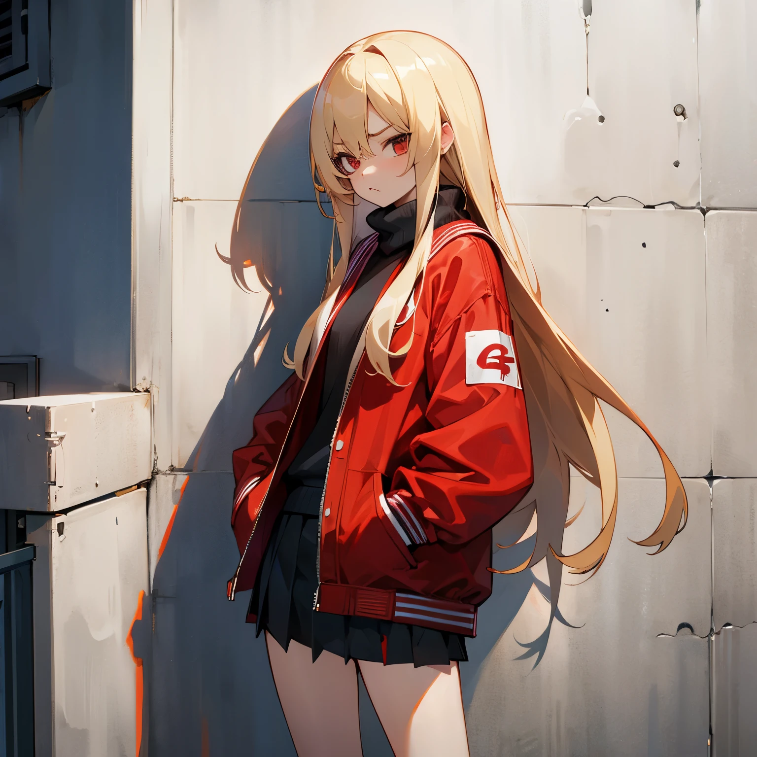 Flow the right half of the hair back、a blond、Bad girl、Bad eyes、glares、Red jersey jacket、a miniskirt、Long Muffler、hands in the pocket、Leaning against the wall、White breath、yuki、Residential area