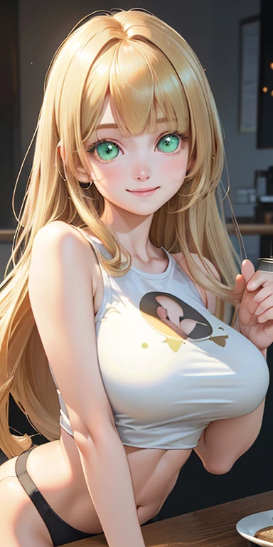 baby face, long gold hair,blunt bangs:1.5,messy hair:1.5, (photorealistic:1.4), (masterpiece, sidelights, exquisite beautiful eyes: 1.5), masterpiece*portrait, realistic, 3D face,,kawaii face,front view: 1.5、 (glowing green eyes:1.2),plump face:1.5,(tareme:1.5)、(happy:1.5),Rosy Mouth,Slim Body,abs, shiny hair, shiny skin: 1.5、large breasts:1.3,solo,(sit)、(cutout between underboob and Tank top)、(charactor focus:1.5、portrait)、upper body,Drink coffee at Open Cafe