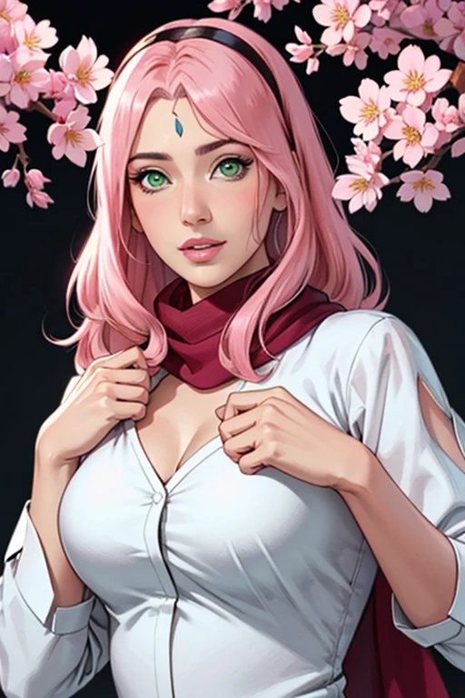 Super-realistic full-length Fashion photoshoot of a pink haired mature female, sakura\(boruto\) as a Pakistani fashion model woman, perfect face, perfect nose, perfect green eyes, perfect lips, with (Pink wavy semi-long hair, bangs), wearing (white floral) cotton Pakistani summer modest lawn dress (shirt shalwar), wearing the scarf over chest and head, chest and head fully covered with scarf, happy expressions, low key image, sharp texture, 4k, 8k, shot with Canon EOS 5D Mark III, 50mm, f/8, realistic face and body, upper body closeup, big breasts, standing